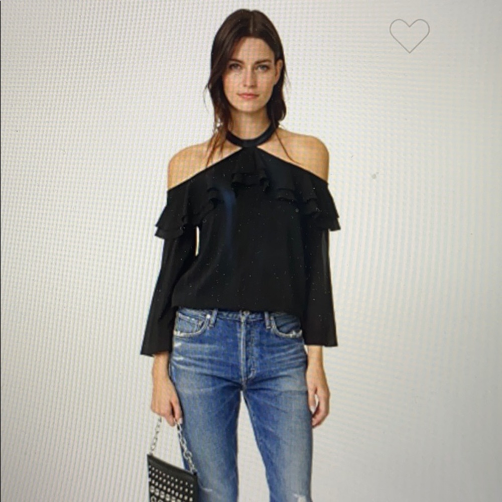 Alice + Olivia Black Off-Shoulder Ruffle Halter Blouse - Picture 3 of 7
